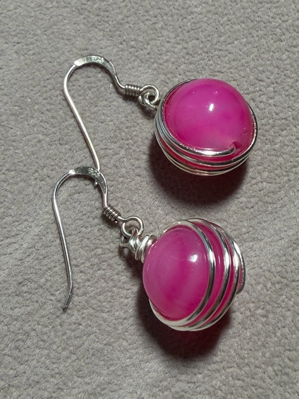 925 Sterling Silver Hot Pink Wire Wrapped Dangle Drop Earrings Boho